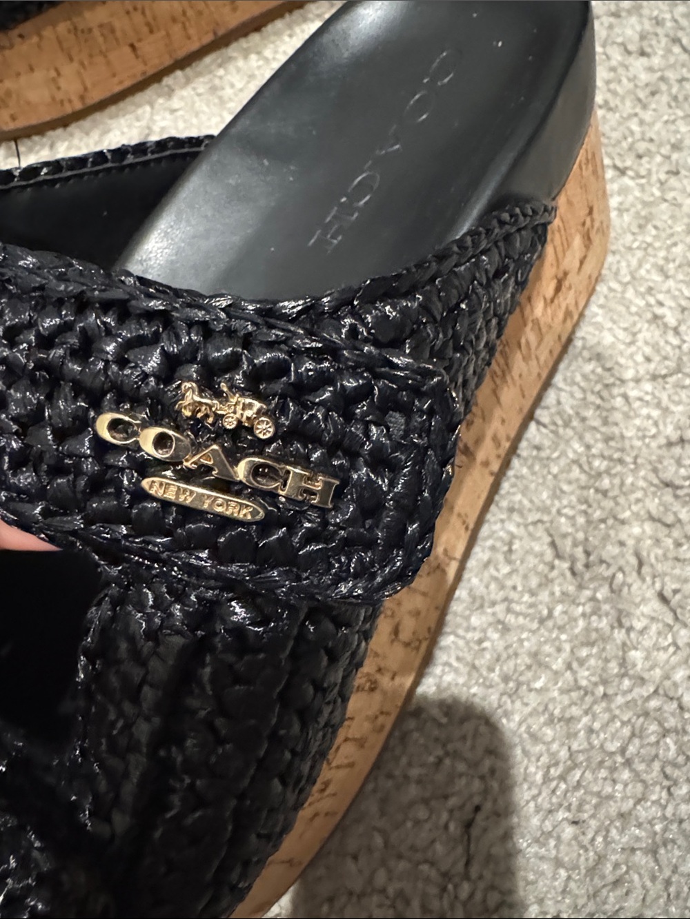 Coach Black Raffia Cork Platform Slide Sandals - Picture 2 of 8